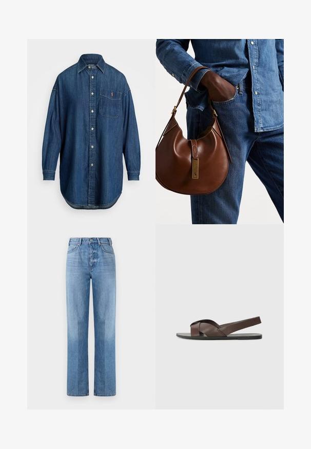 Niebieska denimsowa koszula na guziki z długim rękawem, z przednią kieszenią i kontrastowym logo. Posiada klasyczny kołnierzyk oraz zaokrąglony dół.; Jasnoniebieskie dżinsy o prostym kroju, z wysokim stanem, pięcioma kieszeniami i widocznym przeszyciem. Tekstura jest gładka i klasyczna.; Brązowe skórzane sandały z krzyżowym paskiem, płaską czarną podeszwą oraz regulowanym tylnym paskiem. Gładka faktura i minimalna ilość detali metalowych.; Brązowa skórzana torebka hobo w zaokrąglonym kształcie, z akcentami w złotym kolorze i kontrastowym przeszyciem. Połączona z dżinsową koszulą i spodniami dżinsowymi.