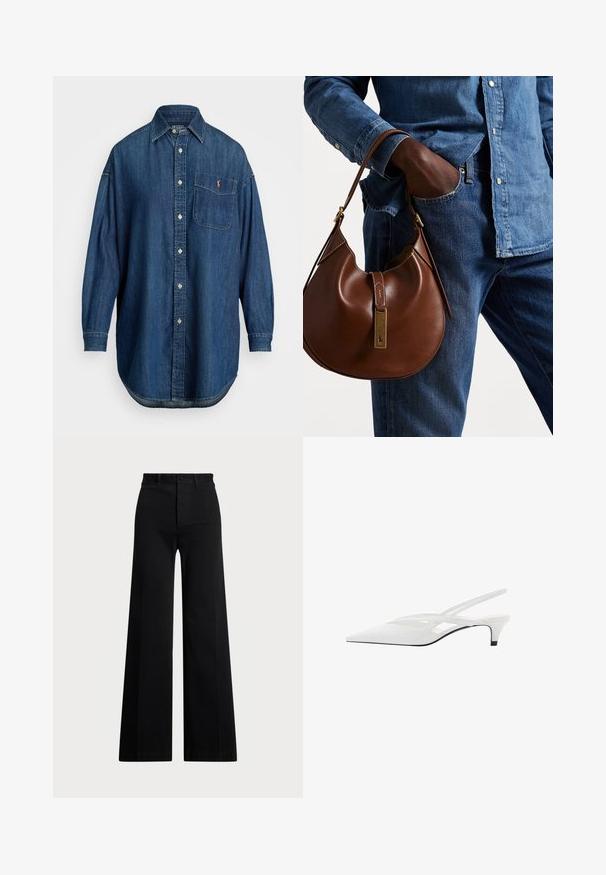 Niebieska denimsowa koszula na guziki z długim rękawem, z przednią kieszenią i kontrastowym logo. Posiada klasyczny kołnierzyk oraz zaokrąglony dół.; Czarne spodnie o szerokich nogawkach, wykonane z tkaniny tkanej, z wysokim stanem, z przodem zapinanym na guzik i kieszeniami bocznymi. Gładka faktura i czyste linie.; Biała szpilka na odkrytej pięcie z ostrym noskiem, charakteryzująca się gładką cholewką, subtelnymi wycięciami i niskim obcasem w kształcie bloku. Czarna podeszwa podkreśla design.; Brązowa skórzana torebka hobo w zaokrąglonym kształcie, z akcentami w złotym kolorze i kontrastowym przeszyciem. Połączona z dżinsową koszulą i spodniami dżinsowymi.