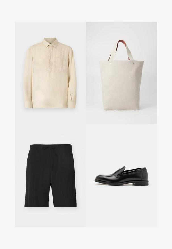 Beige linnen overhemd met lange mouwen, een button-down kraag, een borstzak en een ontspannen pasvorm. De gestructureerde stof voegt subtiele visuele interesse toe.; Zwarte linnen shorts met een drawstring taille, met een relaxte pasvorm en een knielengte ontwerp. Gladde textuur, simple en klassieke stijl.; Zwarte leren instappers met een gladde textuur, ronde neus en een decoratieve band over de wreef. Lage, gestapelde hak en minimalistisch ontwerp.; Tasje van lichtbeige stof met een gestructureerde afwerking, voorzien van twee contrasterende bruine leren handgrepen en metalen accenten aan de bovenkant.