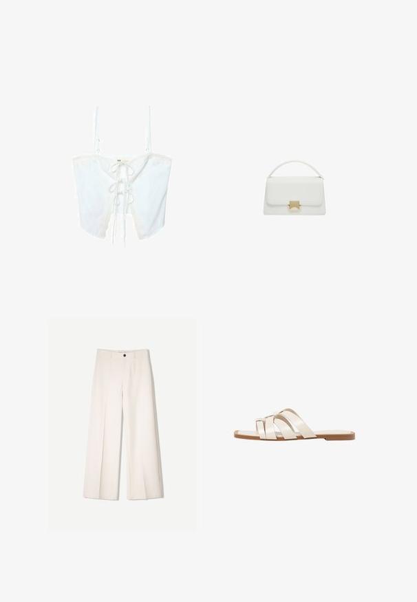 Stradivarius WITH TIES - Top - white; Cremfarbene weitem Hosen mit maßgeschneidertem Design, ausgestattet mit zwei vorderen Taschen und einem vorderen Knopfverschluss, aus glattem Stoff gefertigt.; Flache Sandalen mit einer honigfarbenen Gummisohle, gestaltet mit drei überlappenden weißen Lederriemen und einem kleinen Schleifendetail in der Mitte.; Weiße Lederhandtasche mit strukturiertem Design, ausgestattet mit einem oberen Griff und einem goldfarbenen Verschluss. Glatte Textur und minimalistische Akzente.