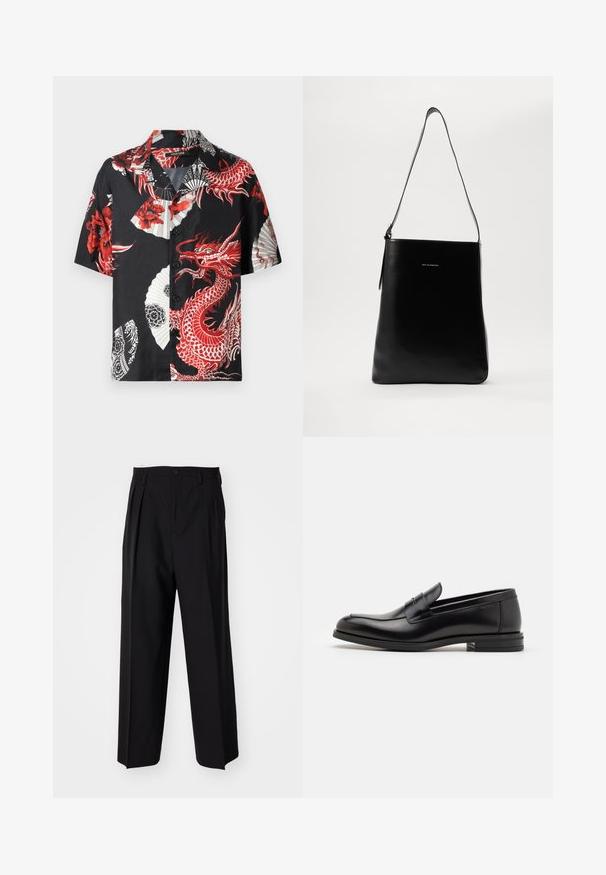 Melnā īsām piedurknēm krekls ar sarkano pūķi un ziedu rakstiem, baltām fanu dizainiem un pogājamu priekšpusi. Izgatavots no gludas auduma.; Melnas plisētās bikses ar taisnu, plata kāja dizainu. Izgatavotas no gludas auduma, ar pogu aizdari un jostas cilpiņām.; Melnas ādas kurpes ar gludu tekstūru, noapaļu purngalu un dekoratīvu siksniņu pāri priekšpusei. Zems sakrauts papēdis, minimālisma dizains.; Melnas ādas pleca soma ar gludu tekstūru, taisnstūra formu un garu siksnu; centrā ir neliels balts logotips.