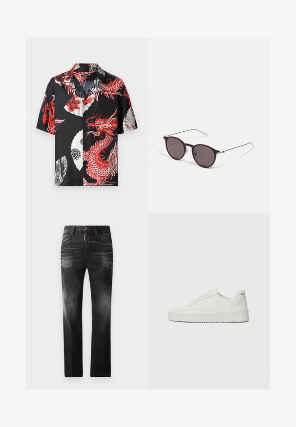 Trumpas rankovėmis juodas marškinys su raudonu drakonu ir gėlių raštais, baltais vėjo malūnėlių motyvais ir mygtukų užsegimu. Pagamintas iš sklandžios medžiagos.; Juodi džinsai su tiesiu kirpimu. Spalvoti svyrantys plotai, šiek tiek sugadinti, klasikinis penkių kišenių dizainas ir mygtuko uždarymas.; Balti odiniai sportiniai bateliai su lygia apdaila, apvaliu pirštu, plokščiais raišteliais ir tekstūruotu padu. Pasižymi subtiliu logotipu ant kulno.; Juodos apvalios saulės akinių su tamsiais lęšiais ir plonomis metalinėmis šakomis. Įtraukti skaidrūs šventyklų galai ir sidabriniai akcentai vyrio srityje. Minimalistinis dizainas.