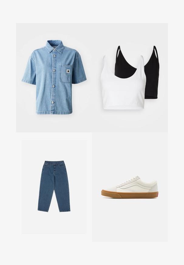 Kortermet denimskjorte i lyseblå, med knappelukking foran, spiss krage, enkelt brystlomme og metallknapper.; To bomulls t-skjorter i hvit og svart. Hver har en dyp utringning og tynne skulderstropper, med en glatt og myk tekstur.; Blå denim jeans med en avslappet passform, høy midje, femlommesdesign og sømdetaljer. Har en knapp- og glidelås-lukking.; Hvite lerret sneakers med lav skaft, gummisåle, rund tå, snøring og sidestripe i lær.