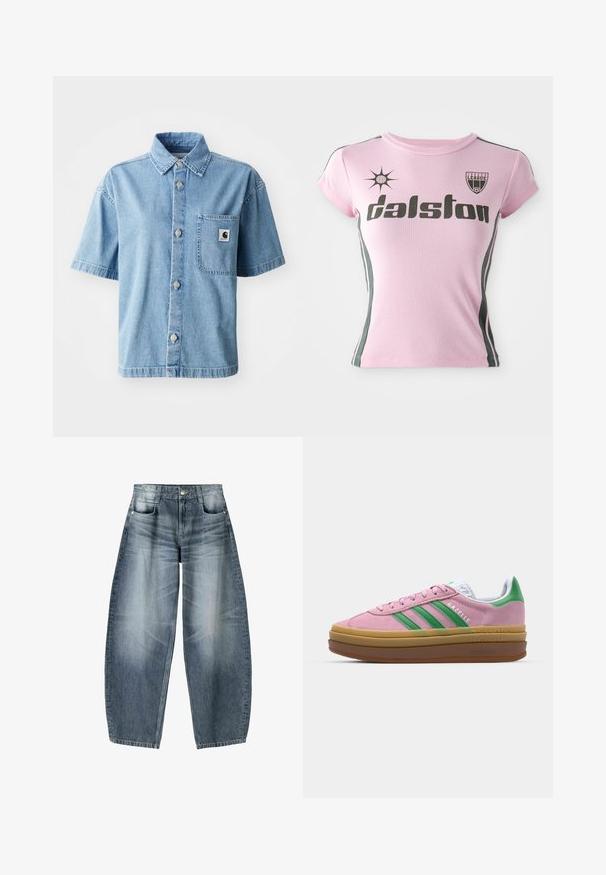Koszula dżinsowa z krótkim rękawem w jasnoniebieskim kolorze, z przodem na guziki, wywijanym kołnierzykiem, jedną kieszonką na piersi oraz metalowymi guzikami.; Różowa koszulka z krótkim rękawem z czarnym napisem "Dalston", z logo i bocznymi paseczkami w ciemnozielonym kolorze. Wykonana z gładkiego, elastycznego materiału.; Jeansy o szerokich nogawkach w jasnoniebieskim denimu z wyblakłymi miejscami, z pięcioma kieszeniami, zapinane na guziki oraz minimalnymi detalami przeszycia.; Różowe zamszowe sneakersy z zielonymi paskami, białymi akcentami i brązową gumową podeszwą. Posiadają teksturowany materiał i detale logo po boku.