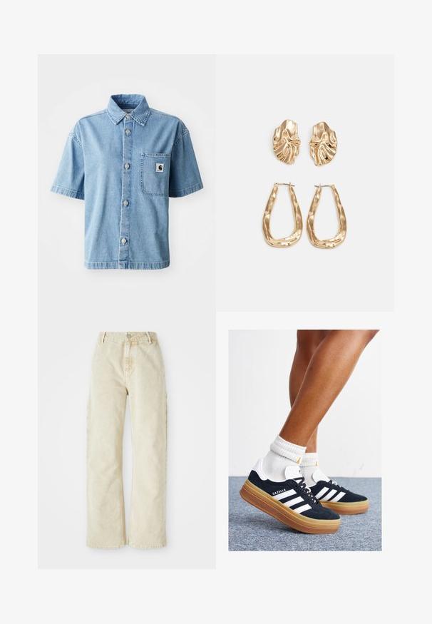 Kortærmet denimskjorte i lys blå, med knaplukning foran, spids krave, en enkelt brystlomme og metalknapper.; Beige bredde denim bukser med høj talje, der har en frontknap og lynlås, bæltesløjfer og sidelommer. Blød tekstur.; Sorte sneakers i ruskind med hvide striber og detaljer, rundet tå, ydersål i gummi, kombineret med hvide ribstrikkede crew sokker.; Guldtonede øreringe med teksturerede, bølgede former. Inkluderer skulpturelle clips og en åben ringdesign med en hamret finish.