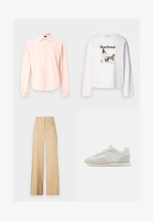 Μακρυμάνικο πουκάμισο με κουμπιά σε ανοιχτό ροζ βαμβάκι. Διαθέτει κλασικό γιακά, πτυχές στους ώμους και στρογγυλή άκρη. Μαλακή υφή.; Λευκό μακρυμάνικο μπλουζάκι με γραφικό ενός ατόμου που περπατά τρία σκυλιά, με τη λέξη "Barbour" τυπωμένη από πάνω σε μαύρο χρώμα.; Μπεζ παντελόνι καμπάνα από βαμβακερό μείγμα υφάσματος. Διαθέτει λείο υφασμάτινο σχέδιο, ελαστική μέση και λεπτομέρεια με κουμπί στο πλάι.; Απαλά χρωματισμένα αθλητικά παπούτσια που συνδυάζουν λευκό δέρμα και μπεζ σουέντ, με υφασμάτινη σόλα και ελάχιστη σήμανση στο πλάι.