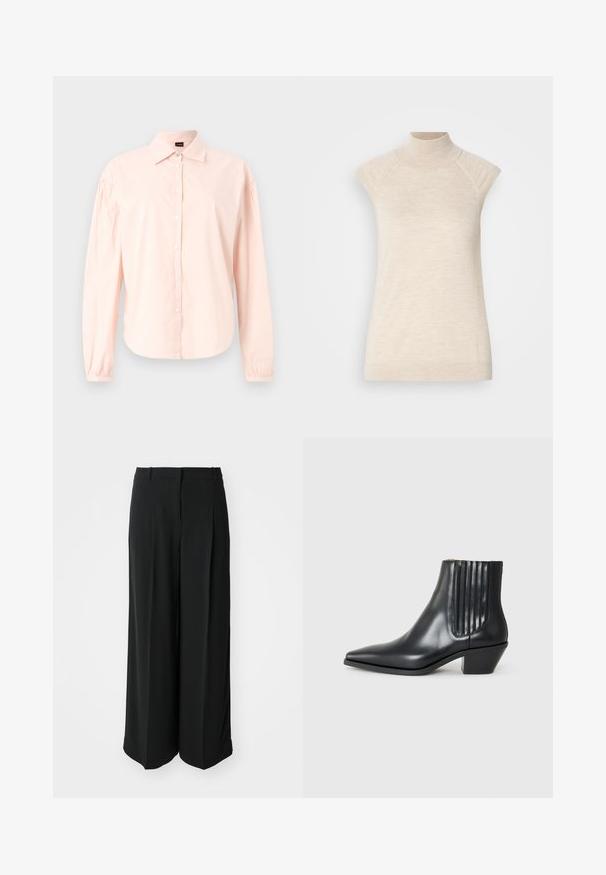 Camicia a maniche lunghe, con bottoni, in cotone rosa chiaro. Presenta un colletto classico, dettagli con pieghe sulle spalle e orlo arrotondato. Texture morbida.; Top beige senza maniche con colletto alto, realizzato in un morbido tessuto testurizzato. Presenta spalle raglan e una silhouette aderente. Adatto per outfit a strati.; Pantaloni neri a gamba larga realizzati in tessuto liscio, con un'alta vita e pieghe frontali per una vestibilità su misura.; Stivaletto in pelle nera con punta affusolata, pannelli laterali elasticizzati con scanalature verticali e tacco basso a blocco. Texture liscia e design elegante.