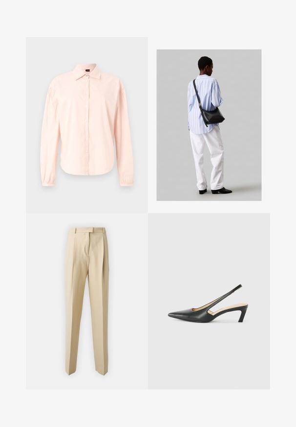 Košile s dlouhým rukávem, na knoflíky v světle růžové barvě z bavlny. Obsahuje klasický límec, detail řasených ramen a zaoblený lem. Měkká textura.; Béžové ušité kalhoty s rovnými nohavicemi, které mají sklady, pas a hladkou texturu. Žádné viditelné kapsy ani ozdobné prvky.; Černý špičatý slingback s nízkým podpatkem, vyrobený z hladké kůže, s výřezem na boku pro lepší prodyšnost.; Černá kožená kabelka přes rameno s jemnou texturou, trojúhelníkovým tvarem a nastavitelným popruhem, v kombinaci se světle modrou pruhovanou košilí a bílými kalhotami.