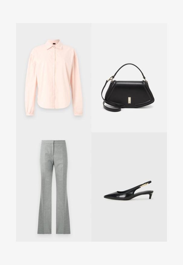 Camisa de manga larga con botones en algodón rosa claro. Presenta un cuello clásico, detalle de hombros con pliegues y bajo redondeado. Textura suave.; Pantalones grises acampanados con costuras verticales, hechos de una tela suave y texturizada. Presentan una cintura ajustada y un acabado suave.; Tacones negros de piel sintética tipo slingback con punta afilada, que cuentan con un tacón delgado y un detalle en tono dorado en la correa ajustable. Textura suave.; Bolso de mano de cuero negro con un diseño estructurado, que presenta una forma recortada, asa superior y acentos en dorado. Correa de hombro ajustable incluida.