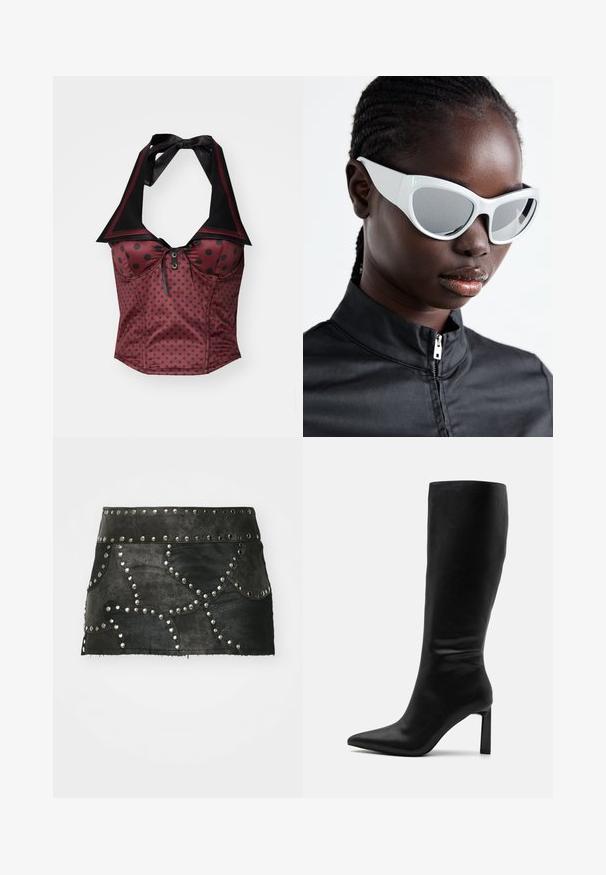 Burgundiškai raudonas halterio stilius viršus su juodais taškeliais, turintis smailią apykaklę, juostelę kraštelėje ir dekoratyvinius mygtukus centrinėje krūtinėje. Lygus paviršius.; Juoda odinė sijonas su dekoratyviniais sidabriniais kalnų akmenimis ir išlenktu siuvimu. Yra prigludusi talija ir užtrauktukas, kuris yra viršubūvio vidurio.; Even&Odd Batai - black; Baltos saulės akiniai su ryškiu, dideliu dizainu ir veidrodiniais lęšiais, turintys lygius plastiko rėmus ir išryškintas kreives.