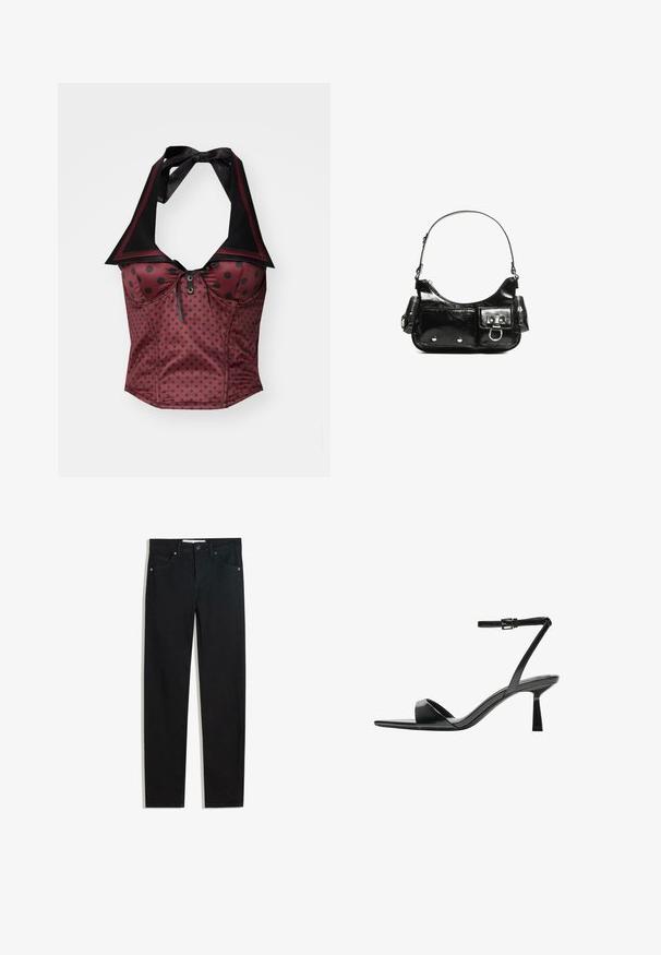 Bordo halter top s čiernymi bodkami, s ostrým golierom, stužkou a dekoratívnymi gombíkmi v strede dekoltu. Hladká textúra.; Čierne denim nohavice s priamym strihom, piatimi vreckami, kovovým zapínaním a jemnými stehmi. Hladká textúra.; Bershka Sandále na vysokom opätku - black; Čierna laková kožená kabelka s ohnutým tvarom, jedným ramenným popruhom, prednými vreckami a striebornými kovovými doplnkami.