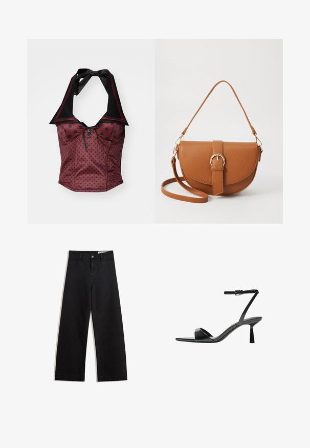 Burgundy halter top with black polka dots, featuring a pointed collar, ribbon tie, and decorative buttons at the center bust. Smooth texture.; Black wide-leg denim pants with a high waist, featuring front and back pockets, stitched seams, and a button closure. Smooth texture.; Bershka High heeled sandals - black; Brown leather crossbody bag with a curved shape, gold hardware, and a buckle accent. Features a detachable shoulder strap.