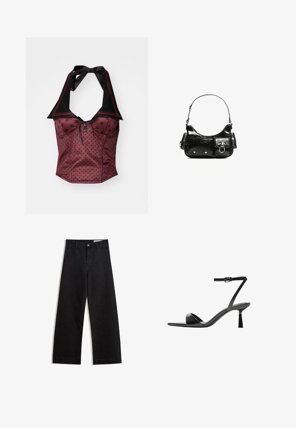 Top a halter bordeaux con pois neri, dotato di colletto a punta, nastro e bottoni decorativi al centro del busto. Texture liscia.; Pantaloni in denim neri a gamba larga con vita alta, dotati di tasche anteriori e posteriori, cuciture a punto, e chiusura con bottone. Texture liscia.; Bershka Sandali con tacco - black; Borsa a spalla in vernice nera con forma curvata, una tracolla, tasche frontali e dettagli in metallo argentato.