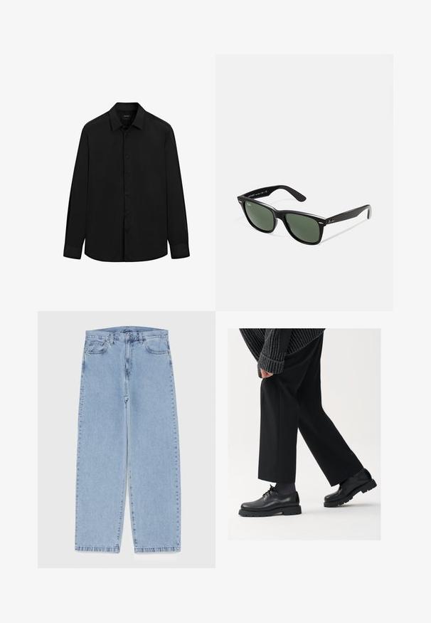 Zwarte overhemd met lange mouwen, gemaakt van soepele stof, met een spread collar, knopen aan de voorkant en een getailleerde pasvorm met manchetten.; Lichtblauwe denim jeans met een recht model, voorzien van een middelhoge taille, vijf zakken en een knoop- en ritssluiting.; Zwarte leren schoenen met een afgeronde neus, vetersluiting en een dikke, getextureerde zool. Draagt een gepaste zwarte broek en een geribbelde trui.; Zwarte plastic zonnebril met groene lenzen, vierkante montuur, zilveren accent op de wenkbrauw en een gestructureerde tempel. Merken vermeld op de binnenkant van de arm.