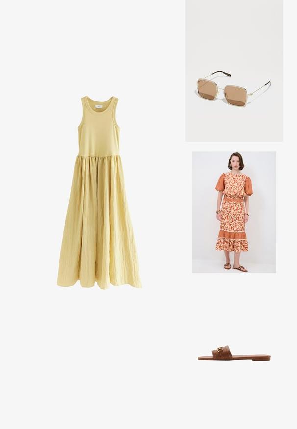 Oranje jurk met bloemenpatroon, puff-mouwen, elastische taille en een gelaagde zoom. Gecombineerd met bruine platte sandalen met een geruit accent.; Mouwloze maxi-jurk in zachtgeel. Aansluitend bovenstuk met een A-lijn, geplooide rok. Gladde stoftextuur met een gedefinieerde taille.; Bruine leren slipper met twee brede banden, voorzien van decoratieve stiksels en een gouden gesp als accent. Plat ontwerp van de zool.; Gouden metalen zonnebril met een vierkante vorm, bruin getinte lenzen en subtiele groene en rode accenten op het montuur. Dunne, slanke veren.; Bruine leren handtas met een gouden sluiting, een plat ontwerp, korte handgreep en een verstelbare schouderriem. Glad van textuur met een gestructureerd silhouet.