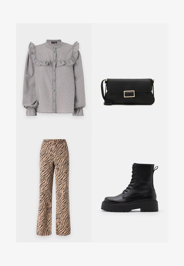 Svart-hvit rutete bluse med volangdetaljer over brystet, lange puffermer med elastiske mansjetter, og knappelukking foran.; Bredde bukser med tigerstripe-mønster i nyanser av brun og svart, med standard midje og fem lommer.; Sorte skinn ankelstøvler med rund tå, snøring foran og tykk gummisåle med teksturert mønster. Håndtak bak.; Svart lær clutch-veske med klaff og detalj i gullmetall. Inkluderer en svart stropp og et strømlinjeformet, minimalistisk design.