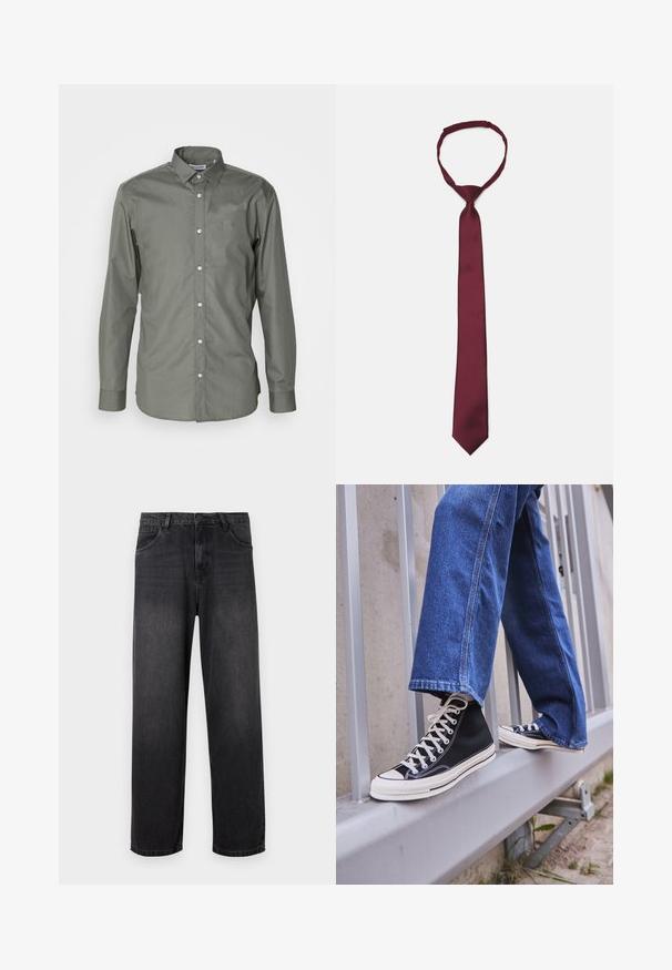 Camicia da uomo a maniche lunghe in tessuto verde oliva, con chiusura a bottoni, colletto alla francese e polsini arrotondati con una leggera texture.; Jeans in denim grigio scuro con un design a gamba dritta, dotati di zip, cinque tasche e dettagli di sbiadimento sottili sul tessuto.; Scarpe da ginnastica nere alte con suola e lacci bianchi, abbinate a jeans di denim blu larghi, appoggiate su un parapetto grigio.; Cravatta in satin bordeaux con una texture liscia, stretto, e punta a punta; presenta un anello per una facile indossatura.