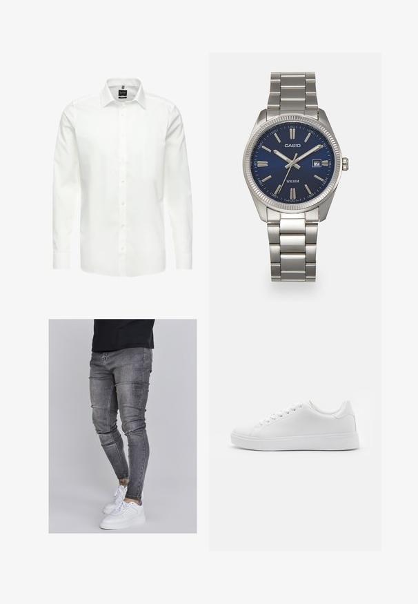 Witte overhemd met lange mouwen, knopen aan de voorkant, klassieke kraag, gladde katoen stof, lichtgewicht, met subtiele stiksels en zonder patronen.; Skinny jeans in vervaagd grijs denim, met versleten details op de knieën, gecombineerd met witte sneakers. Gladde textuur, slank model.; Witte sneakers met een gladde synthetische bovenkant, ronde neus, zes oogjes voor veters en een lage rubberen zool met textuurdetails.; Zilveren roestvrijstalen horloge met een marineblauwe wijzerplaat, metalen uurmarkeringen en een datumnis op 3 uur. Waterbestendig tot 50 meter.