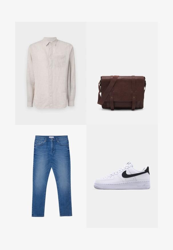 GAP STANDARD - Skjorter - tonal khaki; Blå denim jeans med lige ben-design, der har forlommer, syede sømme og en klassisk knaplukning.; Hvide lædersneakers med en struktureret sort Swoosh, flade snørebånd og en gummisål med et rillemønster. "AIR" er præget på hælen.; Brun læder buddeltaske med en flad frontklap, to remme, guld hardware detaljer og en justerbar skulderrem.