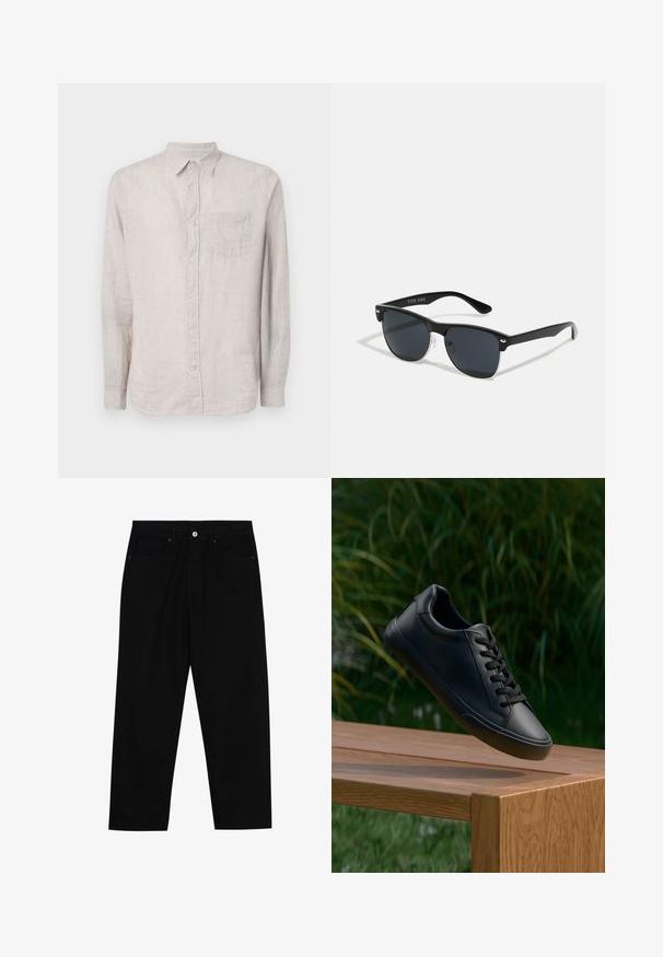 GAP STANDARD - Camicia - tonal khaki; Pantaloni in denim nero con taglio dritto, design a cinque tasche e chiusura frontale con bottone. Tessuto liscio con dettagli di cucitura minimi.; Sneaker in pelle nera con texture liscia, punta rotonda e lacci piatti, posizionato sopra una superficie di legno con erba verde sullo sfondo.; Occhiali da sole neri con forma rettangolare, lenti scure, dettagli in argento alle tempie e finitura opaca sulla montatura.
