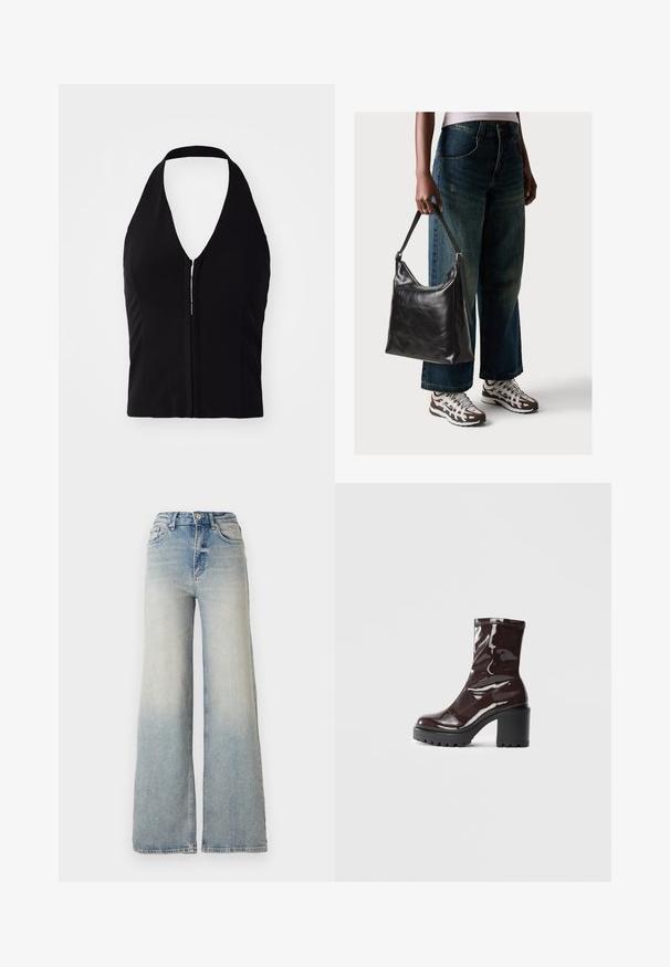 Black halter top with a deep V-neck, structured shape, and front zipper detail. Smooth fabric with no visible patterns or textures.; Light blue wide-leg jeans made of denim, featuring a high waist, five pockets, and visible stitching along the seams.; Glossy burgundy ankle boot with a chunky black heel, featuring a smooth texture and simple design. No visible fastenings or patterns.; Black leather shoulder bag with a smooth texture and adjustable strap, paired with faded wide-leg jeans and athletic sneakers.