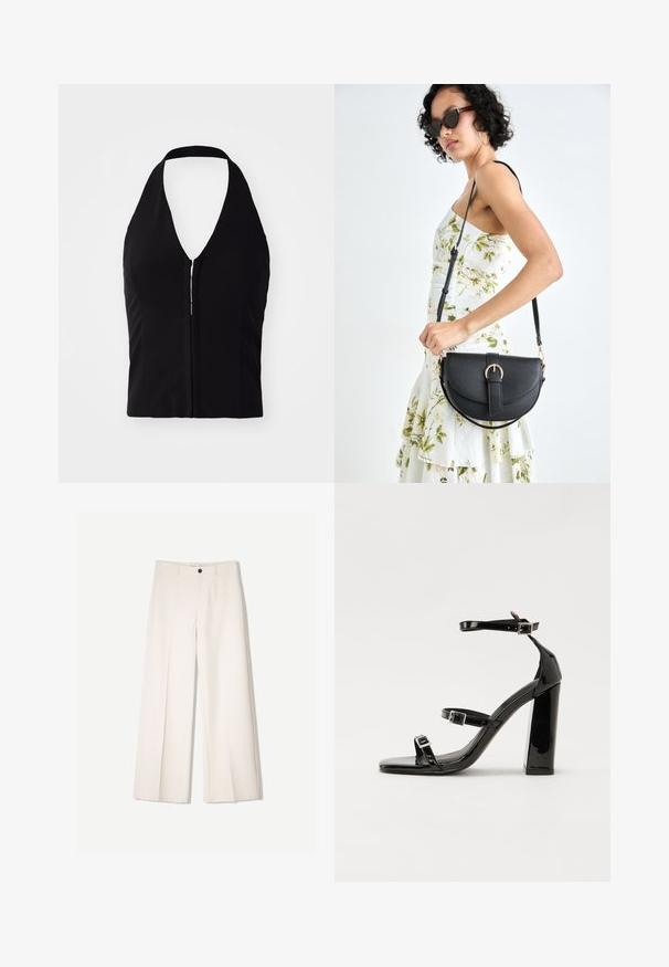 Čierny halter top s hlbokým výstrihom do V, štruktúrovaným tvarom a predným zipsom. Hladká látka bez viditeľných vzorov alebo textúr.; Krémové široké nohavice s nohavicami na mieru, s dvoma prednými vreckami a jedným predným zapínaním na gombík, vyrobené z hladkej tkaniny.; Čierne lakované sandále na podpätku so štvorcovou špičkou, navlečenými remienkami okolo členku a striebornými prackami. Disponujú masívnym blokovým podpätkom pre stabilitu.; Čierna kožená kabelka s zaobleným tvarom, odnímateľným popruhom a zlatými doplnkami. Kabelka má klopu s detailom s prackou.
