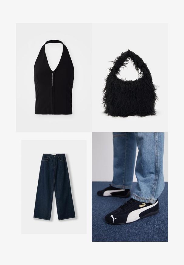 Černý top na krk s hlubokým véčkovým výstřihem, strukturovaným tvarem a předním zipem. Hladká látka bez viditelných vzorů nebo textur.; Tmavě modré široké džíny vyrobené z denimu. Mají pět kapes, zapínání na knoflík a zip a kontrastní šití.; Černé semišové tenisky s bílými akcenty a zlatým logem. Nosené s světle modrými jeany a položené na strukturovaném modrém povrchu.; Even&Odd Velká kabelka - black