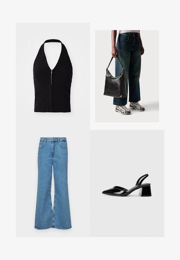 Top halter preto com um decote V profundo, forma estruturada e detalhe de zip na parte frontal. Tecido liso sem padrões ou texturas visíveis.; Jeans de brim azuis claros, com corte à boca de sino, apresentando uma cintura alta, cinco bolsos e um fecho de botão único. Textura macia com acabamento desbotado.; Sandy em verniz preto com salto slingback, ponta afilada e salto geométrico. Apresenta um design elegante e minimalista com textura suave.; Bolsa de ombro em couro preto com textura suave e alça ajustável, combinada com jeans de perna larga desbotados e ténis desportivos.