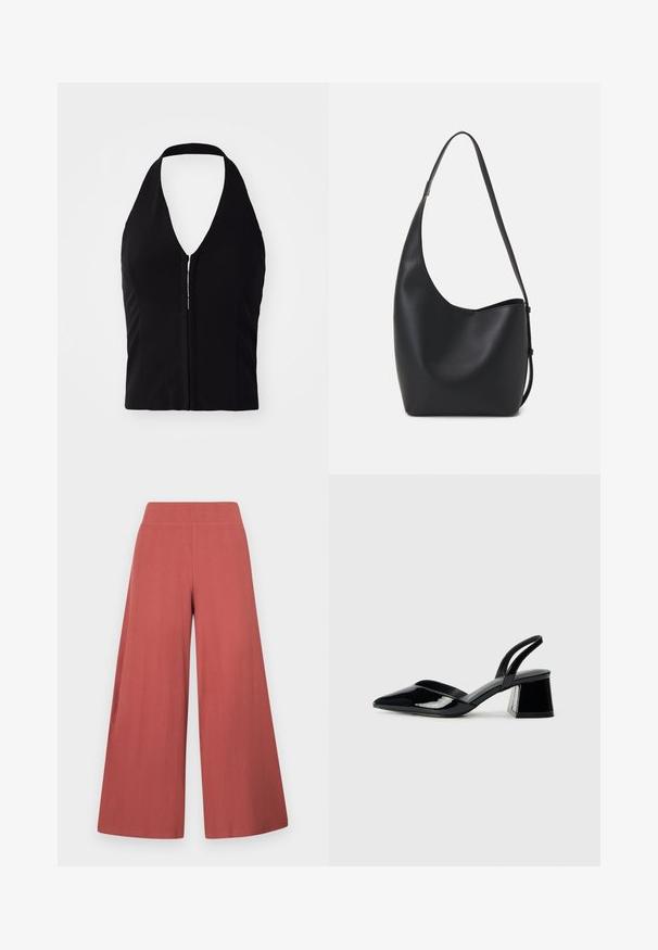 Črn top z halter vratom in globokim V-izrezom, strukturirane oblike in zadrgo na sprednji strani. Gladek material brez vidnih vzorcev ali tekstur.; Hlače širokih hlačnic v rjavi barvi, narejene iz teksturirane tkanine z navpičnim rebrastim vzorcem. Imajo visok elastičen pas.; Črne lakirane slingback pete s koničastim nosom in geometrijsko blokasto peto. Imajo eleganten, minimalističen dizajn in gladko teksturo.; Črna usnjena hobo torba z gladko teksturo, ukrivljeno obliko in eno nastavljivo naramnico; ima širok odprtina na vrhu.