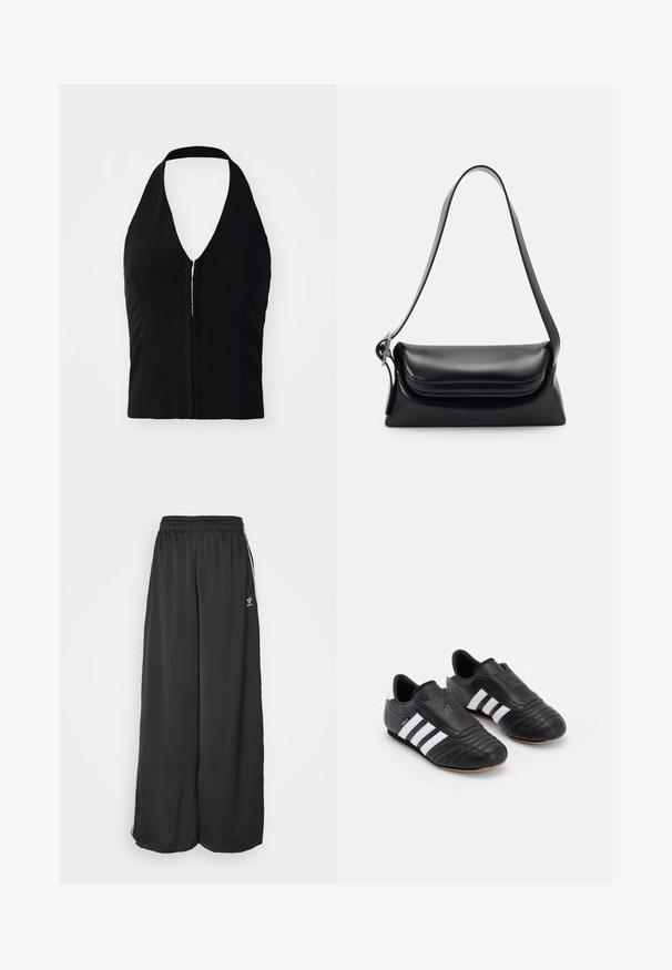 Top halter nero con scollatura a V profonda, forma strutturata e dettaglio con zip frontale. Tessuto liscio senza motivi o texture visibili.; Pantaloni da jogging neri, morbidi e larghi, realizzati in tessuto liscio. Presentano una vita elasticizzata e strisce laterali con accenti di logo.; Scarpe da calcio nere con tomaia in pelle testurizzata, dotate di una parte anteriore imbottita, tre strisce bianche sui lati e una suola in gomma naturale.; Borsa a tracolla nera in pelle con una forma strutturata, una texture liscia e una singola tracolla. Presenta un design a patta arrotondata e discreta.