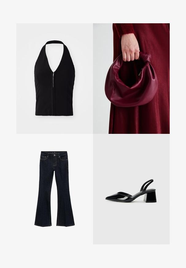 Top halter negru cu un decolteu adânc în V, formă structurată și detalii cu fermoar în față. Țesătură netedă, fără modele sau texturi vizibile.; Jeansi din denim bleu închis, cu talie înaltă, buzunare frontale și picioare evazate, expuși plat pe un fundal alb.; Pantofi cu toc slingback din piele lacuită neagră, cu vârf ascuțit și toc geometric. Prezintă un design elegant, minimalist și o textură netedă.; Geantă de mână din piele burgundă, cu un design moale și pliat și o formă rotundă. Mânerele sunt securizate, evidențiind o textură netedă.