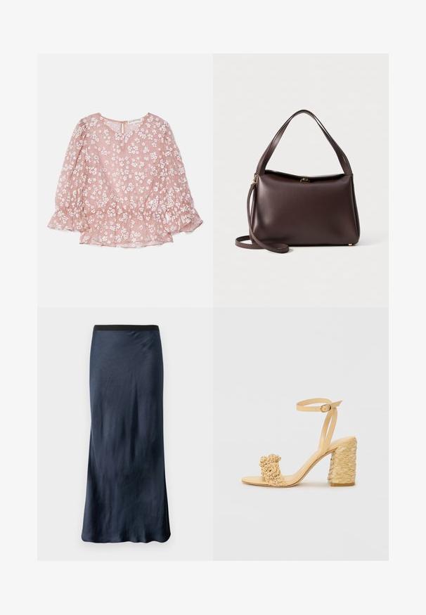 Rosa durchsichtige Bluse mit weißen Blumenmustern, rundem Halsausschnitt, Puffärmeln und gerafftem Bund, mit einem Reißverschluss auf der Rückseite.; Marineblaue A-Linien-Rock aus glattem Satin-Material mit einem schwarzen elastischen Bund. Verfügt über einen dezenten Glanz und ein bodenlanges Design.; Beige High-Heel-Sandale mit geflochtener Textur, dekorativer Blume und Knöchelriemen. Der quadratische Absatz sorgt für Stabilität.; Braune Lederhandtasche mit strukturierter Form, ausgestattet mit einem einzelnen oberen Griff und einem abnehmbaren Schultergurt. Hardwaredetails in Goldton.