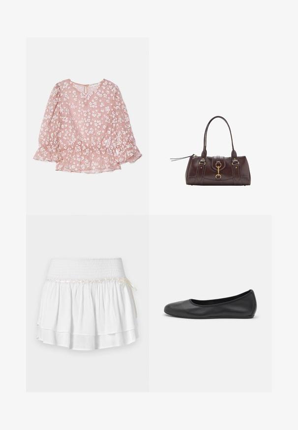 Růžová průsvitná blůza s bílými květinovými vzory, kulatým výstřihem, nabíranými rukávy a staženým pasem, se zapínáním na zip na zadní straně.; Bílá skládaná sukně s elastickým pasem, s texturovaným smockingem a dekorativním stužkovým detailem. Bavlněná tkanina.; Černé kožené baletní byty s kulatou špičkou, hladkou texturou, minimálními švy a flexibilním designem podrážky.; Tmavě hnědá kožená kabelka s dvěma horními držadly, zlatými kováními, detailním předním zapínáním a prošívanou texturou na bocích.
