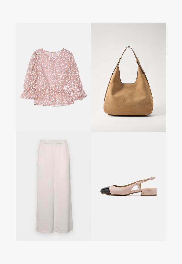 Rozā caurspīdīga blūze ar baltām ziedu rakstiem, apaļu kakla izgriezumu, pūkainām piedurknēm un savilktu jostasvietu, ar aizmugurēju zīmuļa aizdari.; Gaiši bēšas platās bikses ar elastīgu jostasvietu. Gluda auduma, pilnas garuma, bez redzamām rotājumiem vai rakstiem.; Slingback apavi ar rozā ādas augšdaļu un spīdīgu melnu cap toe. Iezīmē mazu blokveida papēdi un regulējamu potītes siksniņu.; Brūnas ādas plecu soma ar noapaļotu formu, gludu tekstūru un kontrastējošiem zelta elementiem. Ir plaša plecu siksna.