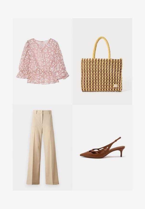 Ružová priesvitná blúzka s bielymi kvetinovými vzormi, okrúhlym výstrihom, balónovými rukávmi a nariaseným pásom, so zapínaním na zips na chrbte.; Béžové široké nohavice vyrobené z hladkej tkaniny, s plochým predným dielom s skladmi, zipsom a pútkami na opasok. Celkový strih je upravený.; Hnedá kožená slingback obuv na podpätku s špicatou špičkou, výrezovým dizajnom a prešívanými detailmi. Obsahuje štíhly podpätok a nastaviteľný remienok.; Tkaná taška v hnedej a žltej farbe, s obdĺžnikovým tvarom, dvoma úchytmi a textúrovaným povrchom s viditeľným šitím a značkovou visačkou.