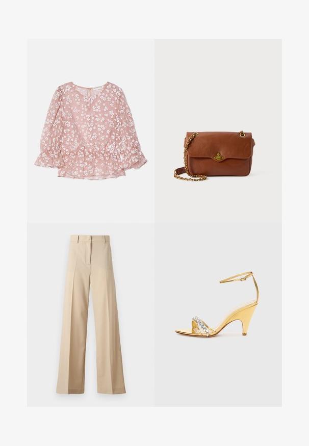 Rozā caurspīdīga blūze ar baltām ziedu rakstiem, apaļu kakla izgriezumu, pūkainām piedurknēm un savilktu jostasvietu, ar aizmugurēju zīmuļa aizdari.; Bēža platā kāju bikses, izgatavotas no gludas auduma, ar plakanu priekšpusi un krokām, ar rāvējslēdzēja aizdari un jostu cilpām. Visā garumā pielāgota piegriezuma.; Zelta papēžu sandales ar siksnu dizainu, kas ietver rhinestone akcentētu joslu. Atvērta purngalu daļa, regulējama potītes siksna un konusveida papēdis.; Brūns ādas crossbody soma ar vāku slēgšanu, zelta aparatūru un ķēdes siksnu. Gluda tekstūra, taisnstūra forma, minimāla detaļu klātbūtne.