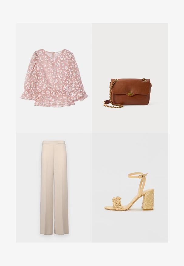 Rosa durchsichtige Bluse mit weißen Blumenmustern, rundem Halsausschnitt, Puffärmeln und gerafftem Bund, mit einem Reißverschluss auf der Rückseite.; Beige weit geschnittene Hose aus glattem Stoff, mit hoher Taille und dezenten Vorderfalten. Keine Taschen oder sichtbare Hardware-Details.; Beige High-Heel-Sandale mit geflochtener Textur, dekorativer Blume und Knöchelriemen. Der quadratische Absatz sorgt für Stabilität.; Braune Leder-Crossbody-Tasche mit Klappenverschluss, goldenen Beschlägen und einer Kettenriemen. Glatte Textur, rechteckige Form, minimalistische Details.