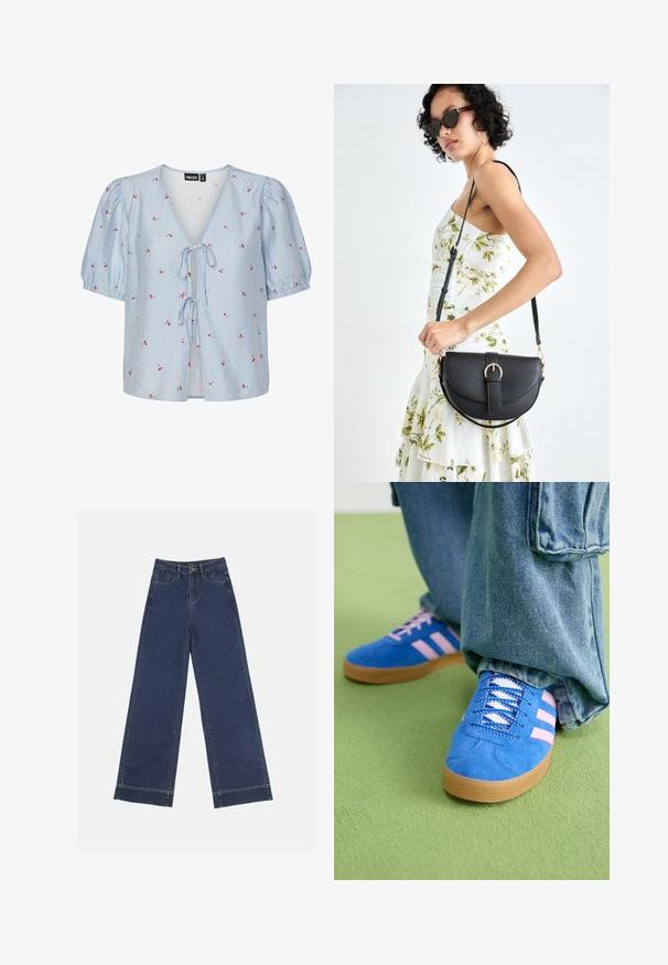 Bluza s plavim i bijelim prugama, kratkim napuhanim rukavima, dubokim V-izrezom, vezanjem sprijeda i crvenim cvjetnim akcentima.; Široke traperice u tamnoplavom denimu. Imaju pet džepova, petlje za pojas i siroki rub na dnu s vidljivim detaljima šavova.; Plave zamšne cipele s ružičastim prugama i bijelim vezicama, s gumenim potplatom, u kombinaciji s širokim trapericama na zelenoj podlozi.; Crna kožna torba s lukovitim oblikom, odvojivim remenom i zlatnim detaljima. Torba ima preklop s kopčom.