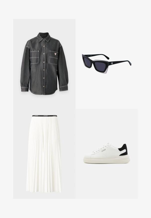 Temno modra srajca z dolgimi rokavi, z gumbi spredaj, s koničastim ovratnikom, dvema velikima žepoma na prsih in belim kontrastnim šivanjem.; Gubasta bela krila z črnim elastičnim pasom, ki nosi logotip "LACOSTE". Srednje dolga zasnova z mehkobo tkanine.; Bele usnjene športne copate z debelim belim podplatom, črnimi semišnimi detajli na peti in utisnjenim logotipom na strani. Zavezovanje s šestimi luknjicami.; Črne prevelike sončne očala geometrijske oblike, z temnimi lečami in kontrastno sivo podrobnostjo na okvirju. Logo na ročaju.