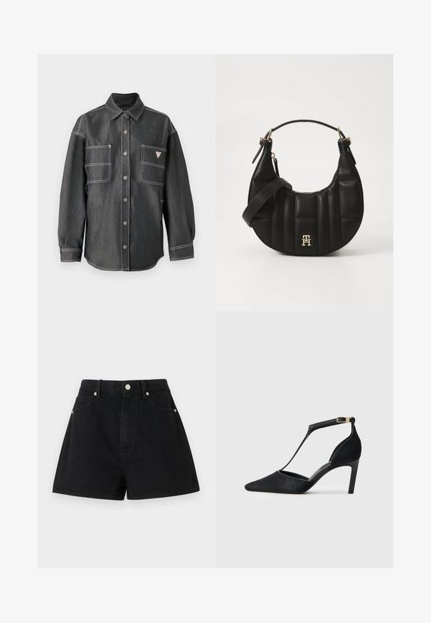 Donker denim shirt met lange mouwen, knopen aan de voorkant, puntige kraag, twee grote borstzakken en witte contrasterende stiksels.; Zwarte denim shorts met een hoge taille, vijf zakken, zilverkleurige hardware en een standaard pasvorm, met een gladde textuur en een nette afwerking.; Zwarte hoge hakken met een puntige neus, dunne enkelband met gouden hardware, en een zachte textuurafwerking.; Zwarte leren handtas met een gebogen vorm, gevoerd textuur en gouden hardware. Beschikt over een afneembare schouderband en logo-detail.