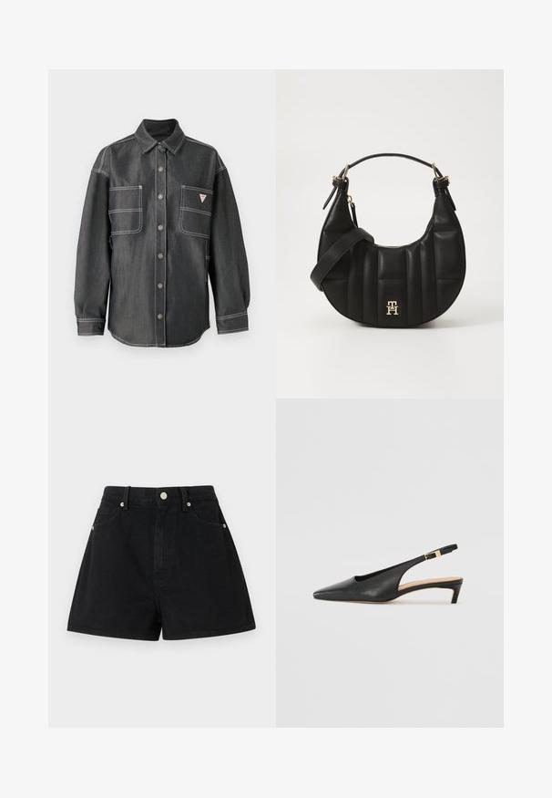 Cămașă din denim închis cu mâneci lungi, închidere cu nasturi, guler ascuțit, două buzunare mari pe piept și cusături albe în contrast.; Shorts din denim negru cu talie înaltă, cinci buzunare, accesorii argintii și o croială standard, cu o textură netedă și finisaje curate.; Cizme din piele neagră cu toc slingback, cu vârf ascuțit, toc jos și curea reglabilă pentru glezna, dotată cu un cataramă de ton auriu. Textură netedă.; Geantă de mână din piele neagră, cu o formă curbată, textură matlasată și accesorii aurii. Dispune de o curea pentru umăr detașabilă și detalii cu logo.