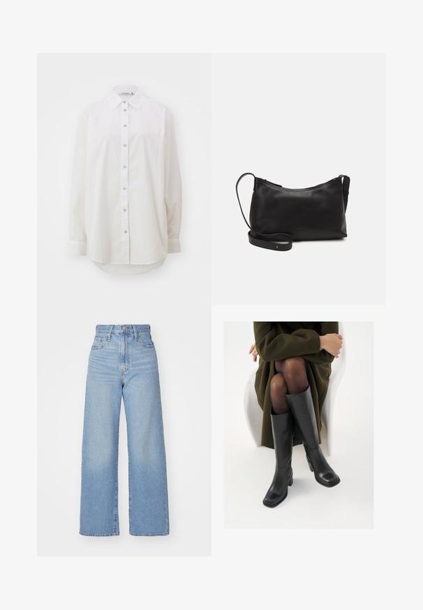 Cămașă albă cu nasturi, fabricată din bumbac. Prezintă un guler clasic, manșete lungi și un tiv curbat. Are un sistem standard de închidere cu nasturi în față.; Jeans cu talie înaltă, de culoare albastru deschis, cu croială largă, dotate cu nasture și fermoar la față, buzunare în față și spate, pe un fundal alb.; Cizme din piele neagră, până la genunchi, cu vârf pătrat și toc bloc, prezentate pe un model așezat într-o haină verde măsline. Textură netedă, detalii minime.; Geantă de umăr din piele neagră, cu o textură netedă, formă curbată, curea ajustabilă și închidere cu fermoar. Design minimalist, fără embellishments.