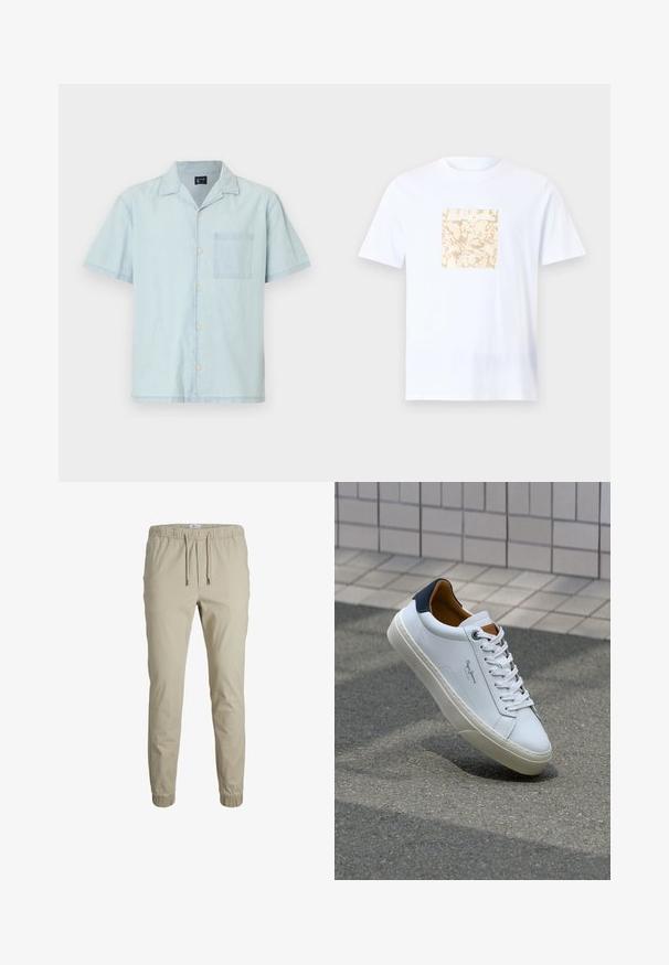 Lichtblauwe korte mouw shirt van lichte stof, met een klassieke kraag, knopen aan de voorkant en een borstzak aan de linkerzijde.; Witte katoenen t-shirt met een vierkante beige grafiek met een gestructureerd patroon in het midden. Korte mouwen en een ronde halslijn.; Beige taperende joggingsbroeken met een elastische tailleband, trekkoord en enkelmanchetten, gemaakt van zacht materiaal. Heeft een gladde textuur en een minimalistisch ontwerp.; Witte leren sneaker met een marineblauwe hiel, ronde neus en contrasterende bruin accent. Beschikt over platte veters en een gestructureerde rubberen zool.