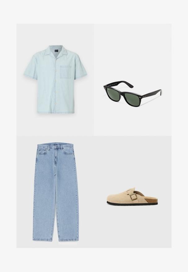 Camicia azzurra a maniche corte in tessuto leggero, con colletto classico, bottoni frontali e taschino sul lato sinistro del petto.; Canotta bianca in cotone con scollatura rotonda, spalline larghe e orlo dritto, caratterizzata da una superficie liscia e senza motivi visibili.; Jeans in denim azzurro chiaro con design a gamba dritta, caratterizzati da una vita media, cinque tasche e chiusura con bottone e zip.; Zoccoli beige in suede con piede in sughero, punta rotonda e una semplice fascia con una fibbia dorata. Suola in gomma per una buona aderenza.; Occhiali da sole in plastica nera con lenti verdi, montatura quadrata, dettaglio argento sulla parte superiore e steli con texture. Marchio indicato sulla parte interna dello stelo.; Borsa a tracolla in pelle marrone con un davanti piatto, due cinghie, dettagli in metallo dorato e una tracolla regolabile.