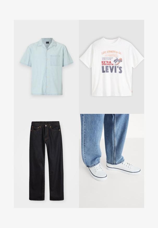 Chemise légère à manches courtes de couleur bleu clair, dotée d'un col classique, de boutons sur le devant et d'une poche sur la poitrine gauche.; T-shirt en coton blanc avec un graphique en façade en rouge et bleu marine : "LEVI STRAUSS & CO." et "EXTRA STRENGTH LEVI'S" avec une illustration de cheval.; Jean en denim noir pour hommes, coupe droite, avec cinq poches et surpiqûres orange, fermeture par bouton et zip à la taille avant.; Baskets en toile blanches avec des accents bleu marine, à bout rond et à lacets, associées à un jean en denim bleu clair dans une coupe décontractée.