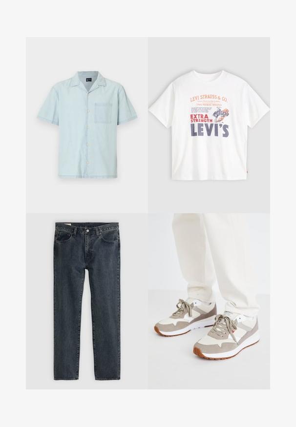 Šviesiai mėlyna trumpų rankovių marškiniai iš lengvos medžiagos, su klasikinio stiliaus apykakle, priekyje esančiais mygtukais ir kairiuoju krūtinės kišenė.; Baltos medvilnės marškinėliai su raudonais ir tamsiai mėlynais užrašais priekyje: "LEVI STRAUSS & CO." ir "EXTRA STRENGTH LEVI'S", su iliustracija su arkliu.; Tamsiai mėlynos džinsinės kelnės su tiesioginiu kirpimu, penkiais kišenėmis ir mygtukų uždarymu. Audinys rodo subtilų išblukimą ir tekstūrą.; Beigi ir pilki sportbačiai, pagaminti iš zomšos ir tinklinės medžiagos. Įrengtas baltas vidurinis padas ir guminis padas. Standartinis raištelių dizainas.