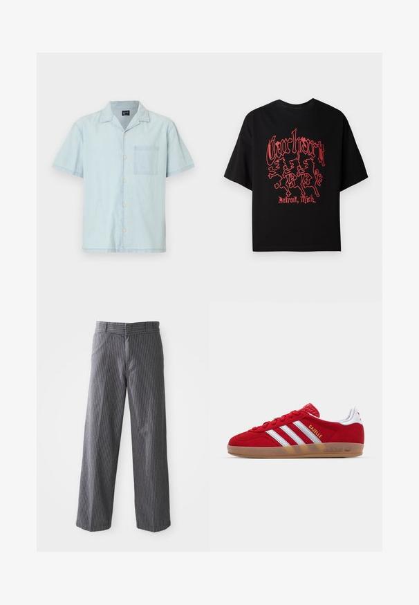 Helles blaues kurzärmliges Hemd aus leichtem Stoff, mit einem klassischen Kragen, Knöpfen vorne und einer linken Brusttasche.; Schwarzes T-Shirt mit kurzen Ärmeln aus Baumwolle, ausgestattet mit einem auffälligen roten Grafikdesign, das drei Löwenfiguren und den Text "Carhartt, Detroit, Mich." zeigt.; Graue Fensterpaneel-Hose mit weitem Bein, Gürtelschlaufen, flachem Vorderteil und geraden Säumen, vor einem weißen Hintergrund dargestellt.; Rote Wildleder-Sneaker mit weißem Dreistreifen-Design und goldenem "Gazelle"-Schriftzug. Besitzt eine Gummisohle und eine strukturierte Ferse.