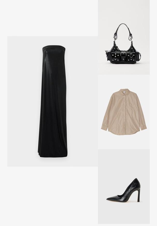 Beżowa koszula z długim rękawem na guziki, z kołnierzykiem, pojedynczą kieszonką na piersi oraz gładkim, lekko błyszczącym materiałem. Okrągły dół i widoczne guziki.; Czarna maksidługa sukienka bez ramiączek wykonana z gładkiego, błyszczącego materiału. Posiada dopasowany górny fason i swobodny krój, sięgający ziemi bez ozdób.; Czarne szpilki z ostrym noskiem, pokryte teksturą skóry krokodyla, charakteryzujące się eleganckim wzornictwem, wysokim obcasem w stylu stiletto oraz gładkim czarnym wnętrzem.; Czarna skórzana torebka w zakrzywionym kształcie, z srebrnymi ćwiekami, klamrą i dwoma bocznymi kieszeniami. Regulowany pasek umożliwiający różne opcje noszenia.