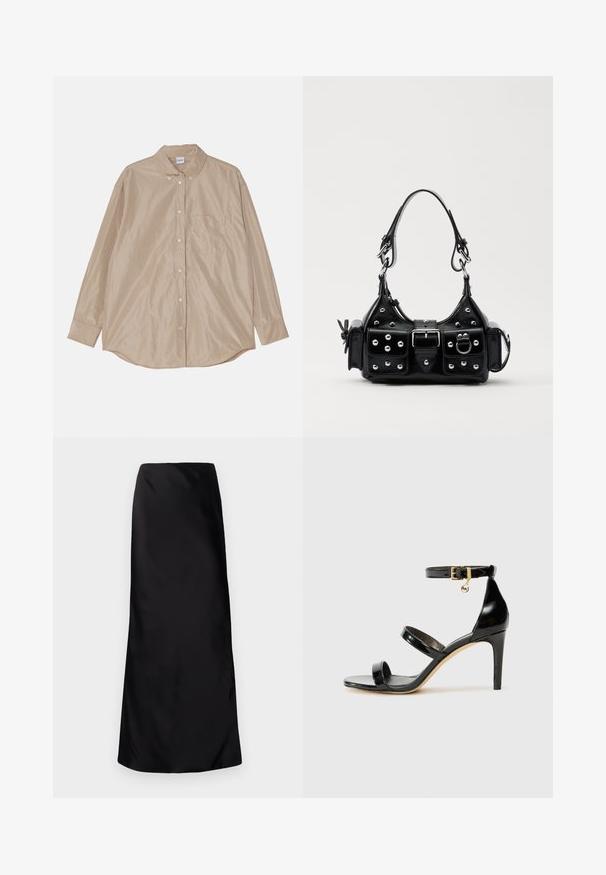 Beige long-sleeve button-up shirt, featuring a collar, single chest pocket, and smooth, slightly shiny fabric. Round hem and buttons visible.; Norma Kamali BIAS OBIE SKIRT - Maxi skirt - black; Black patent leather sandal with three straps, ankle buckle, and 4-inch stiletto heel. Features gold hardware detail and logo charm.; Black leather handbag with a curved design, featuring silver studs, a buckle, and two side pockets. Adjustable strap for carrying options.
