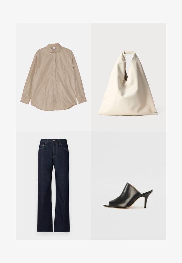 Beige overhemd met lange mouwen, voorzien van een kraag, een enkele borstzak en een gladde, iets glanzende stof. Ronde zoom en zichtbare knopen.; Donkerblauwe denim jeans met een recht model, voorzien van vijf zakken, contrasterende gele stiksels en een metalen knoopsluiting.; Zwarte leren open teen muiltjes met een elegante, gebogen vorm, hoge stilettohak en een soepele textuur. Het interieur heeft een contrasterende lichte kleur.; Beige, tas met een zachte textuur en een unieke gedraaide handgreep met schuin naaddetail. Minimalistisch ontwerp met een ronde accent aan de basis.